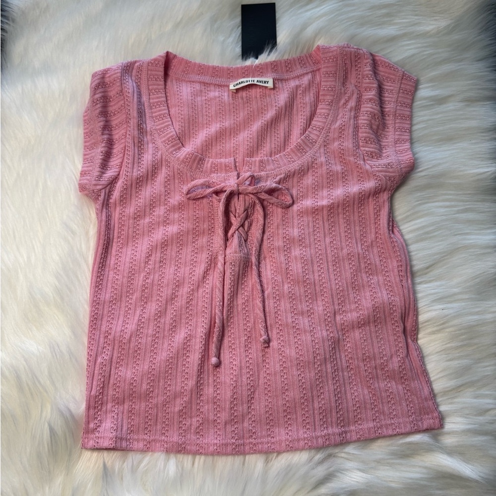 Pink Ribbed Tie Front Blouse - Picture 1 of 4